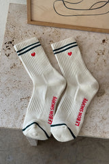 Le Bon Shoppe Striped Embroidered Boyfriend Socks Parchment Heart - Twenty Petworth